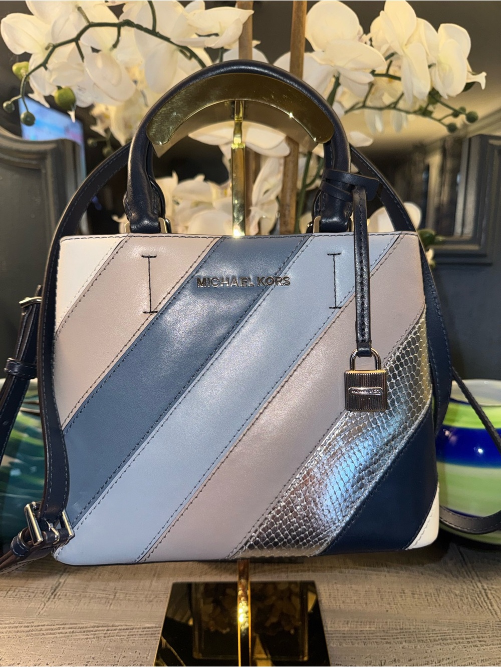 Michael Kors Navy Blue, Light Blue, Gray & Silver Striped Satchel